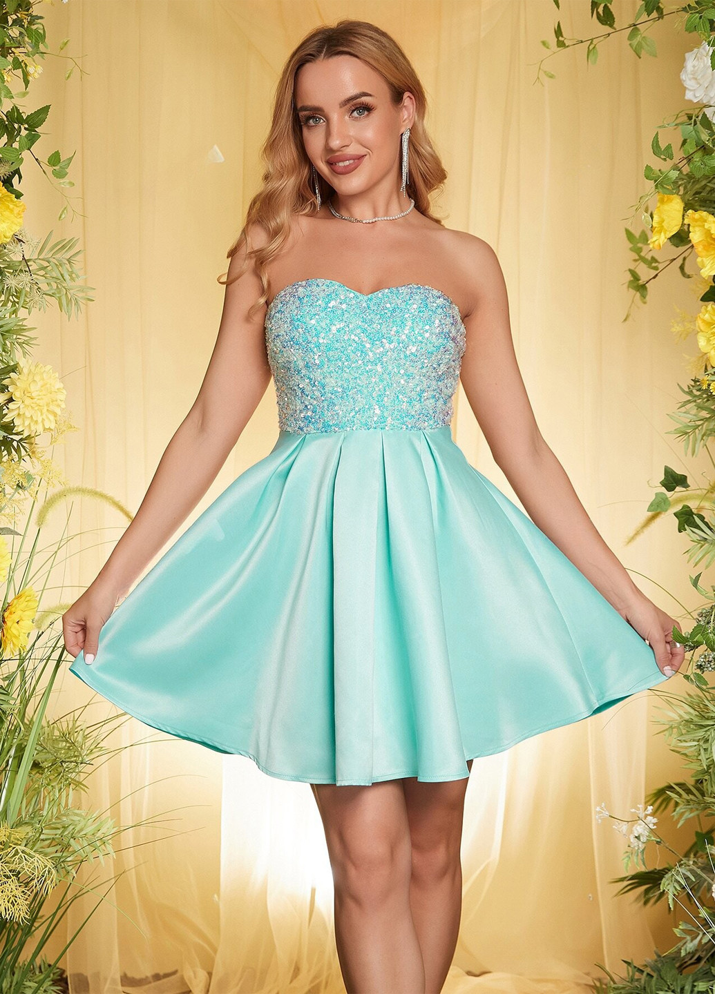 М'ятна святковий, коктейльна сукня з спідницею-сонце, з відкритою спиною SHEIN однотонна