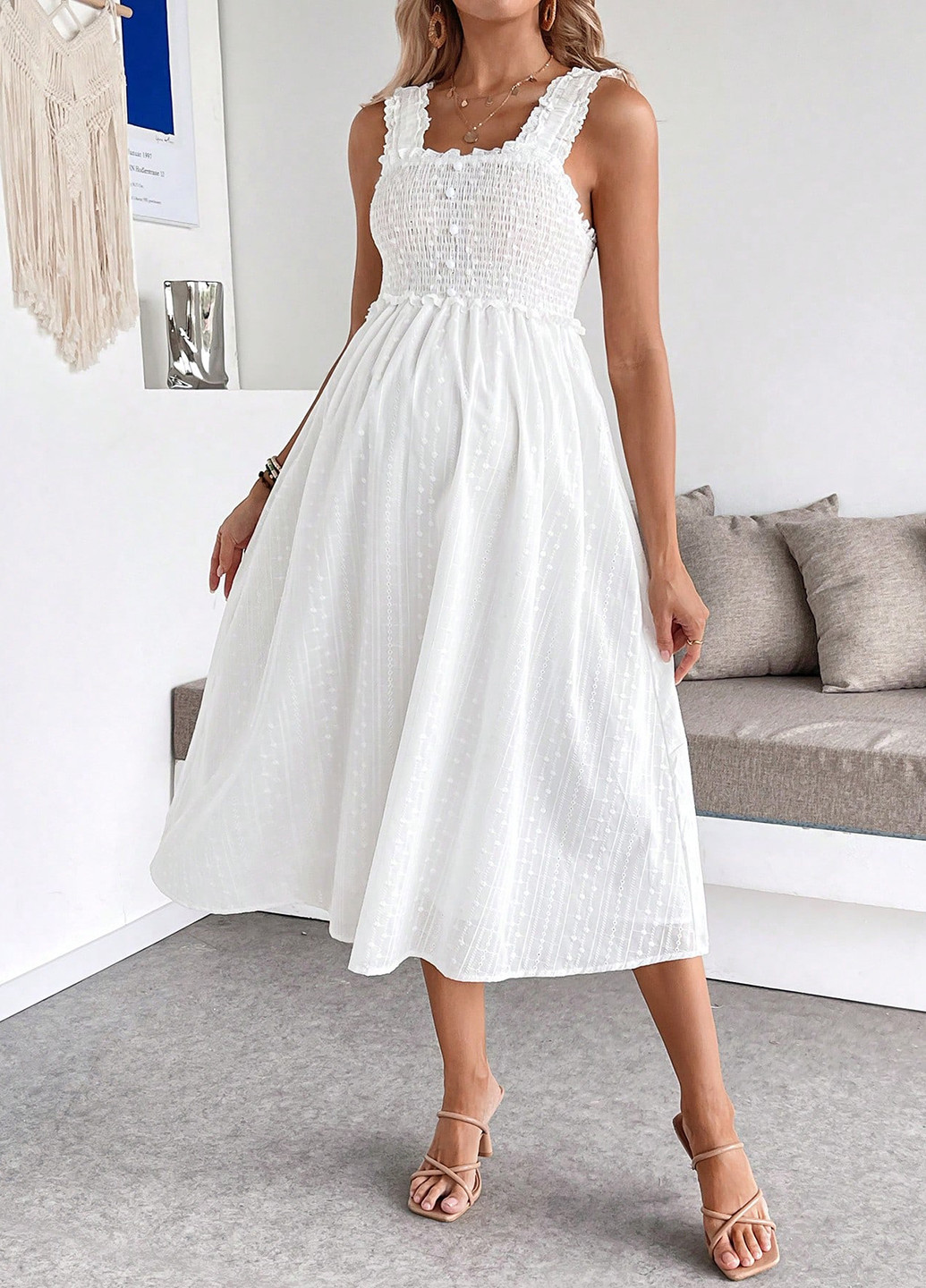 Белое праздничный, кэжуал платье для беременных клеш, с открытыми плечами, с открытой спиной SHEIN однотонное