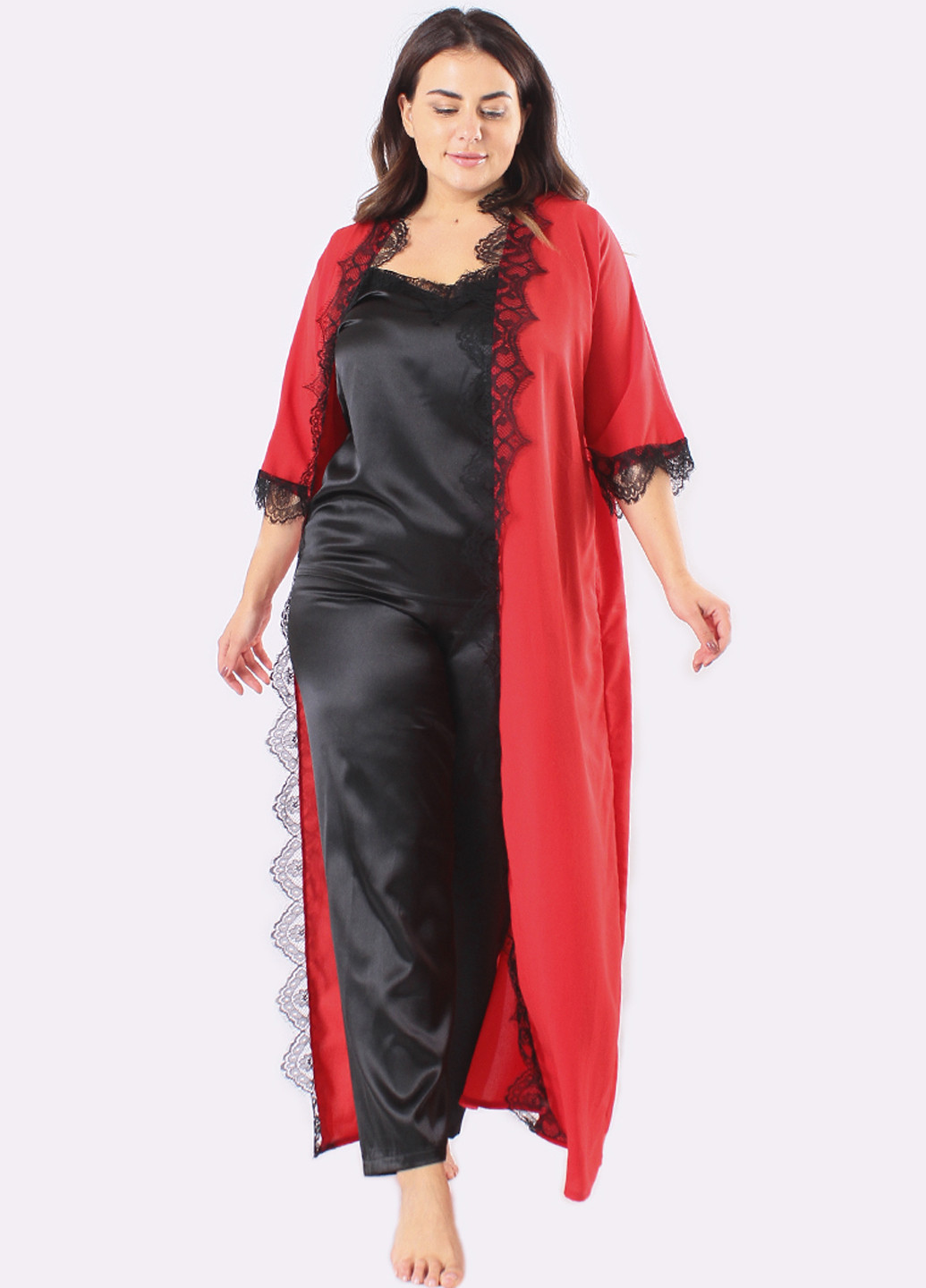Красный демисезонный комплект (топ, брюки, халат) Ghazel