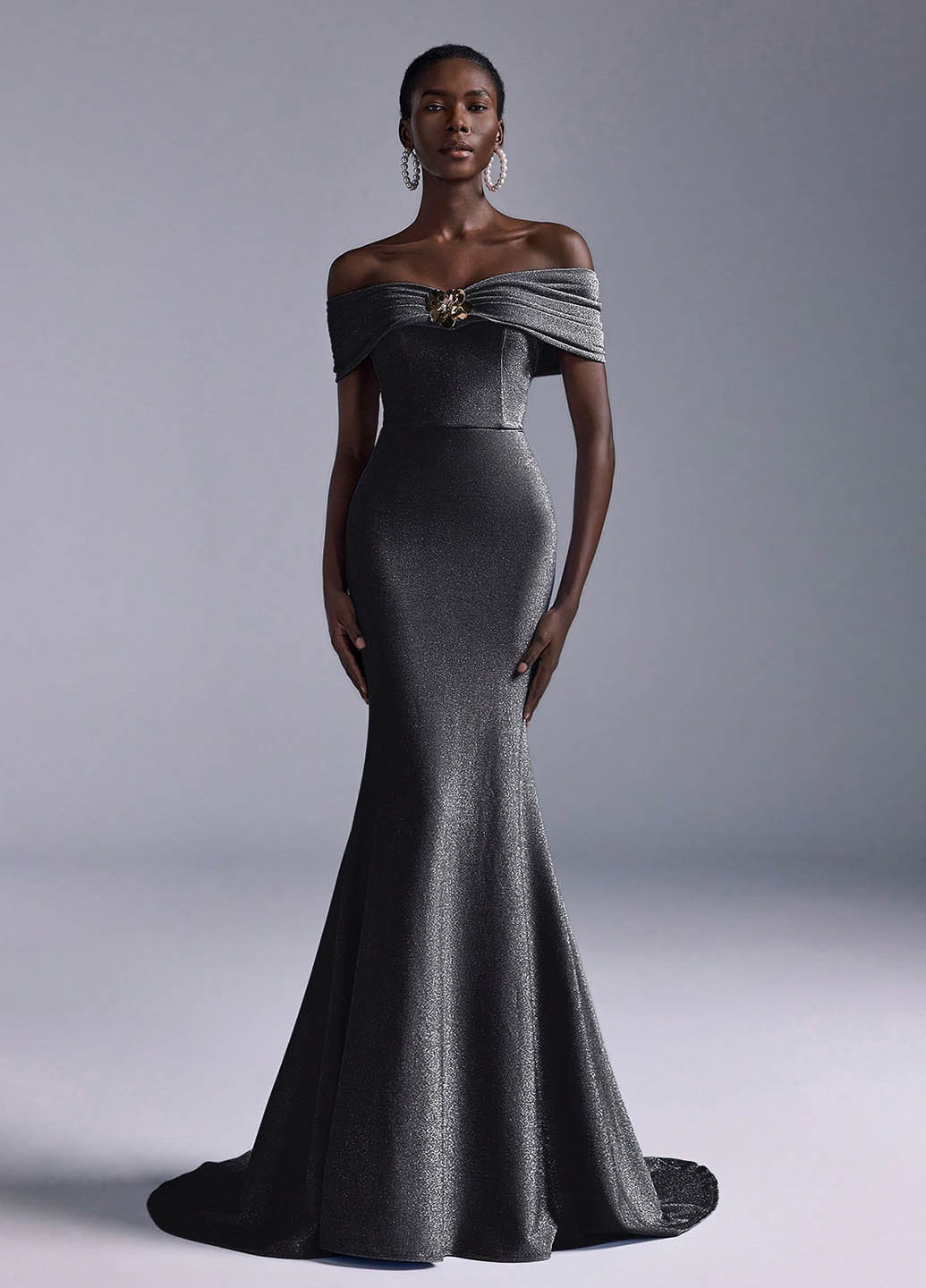 Серебряное праздничный, вечернее платье годе SHEIN однотонное