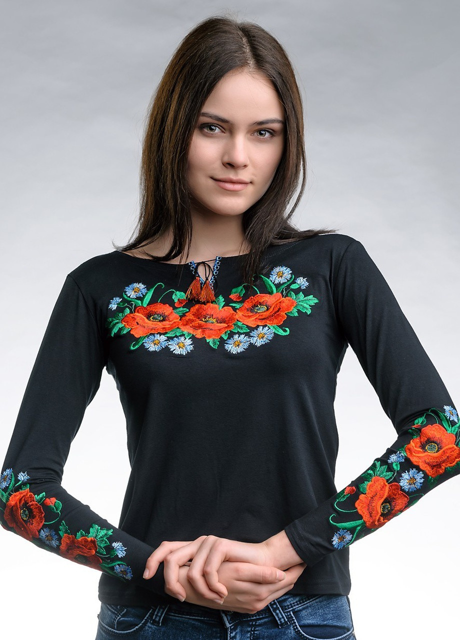 Жіноча вишита футболка з довгим рукавом Макове поле чорна Melanika (250206188)
