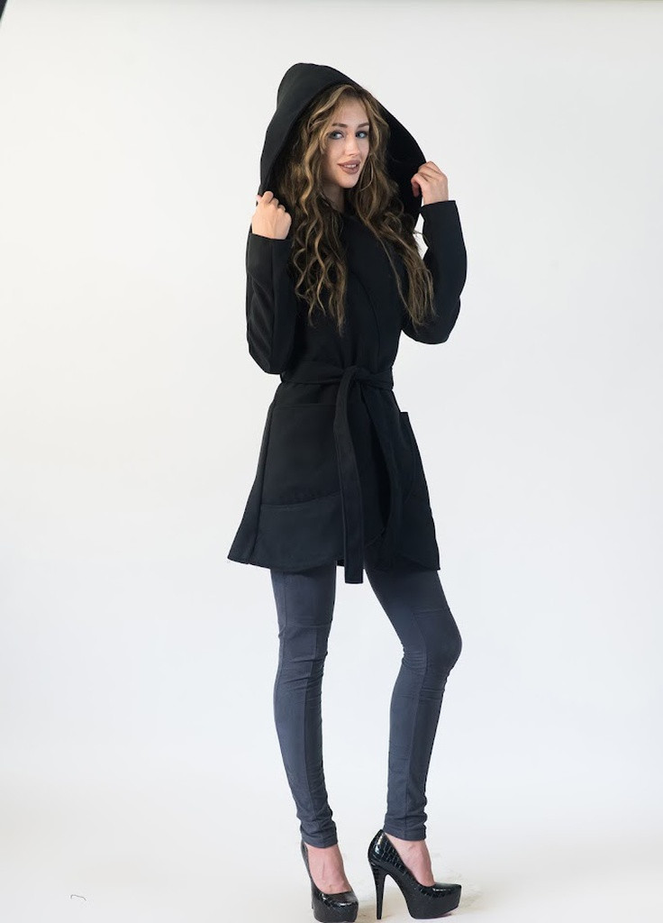 Черное демисезонное Женское кашемировое пальто с капишоном Podium