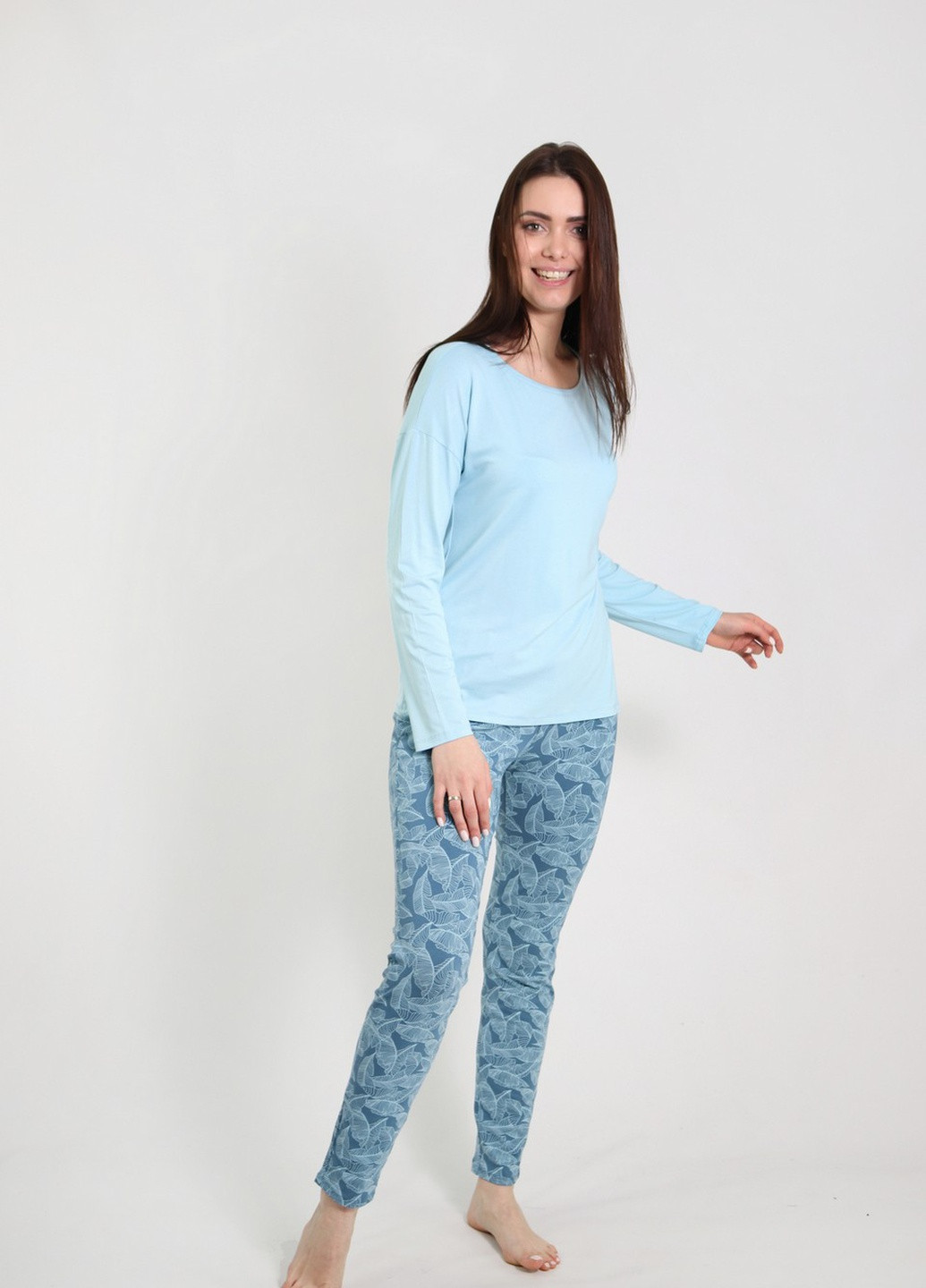 Голубая всесезон женская пижама со штанами лонгслив + брюки NEL