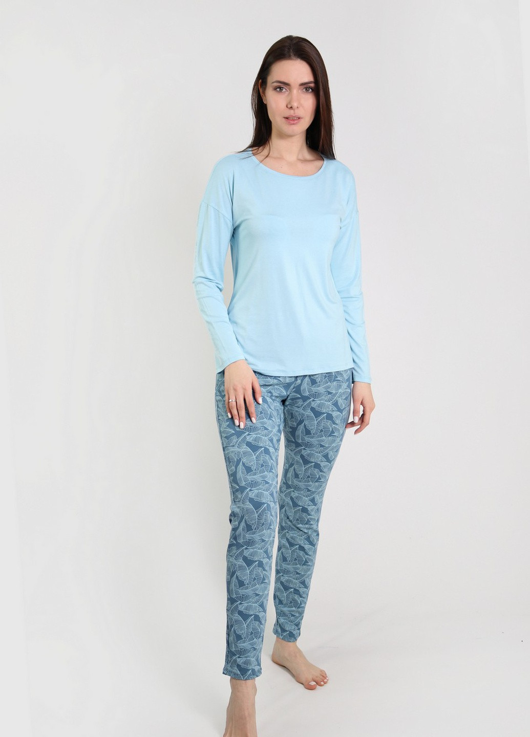 Блакитна всесезон жіноча піжама зі штанами лонгслив + брюки NEL