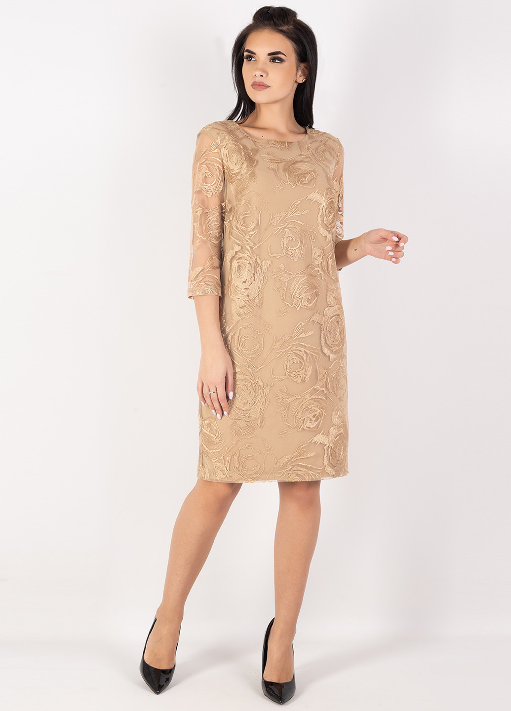 Песочное кэжуал платье с длинным рукавом, футляр Seam с абстрактным узором