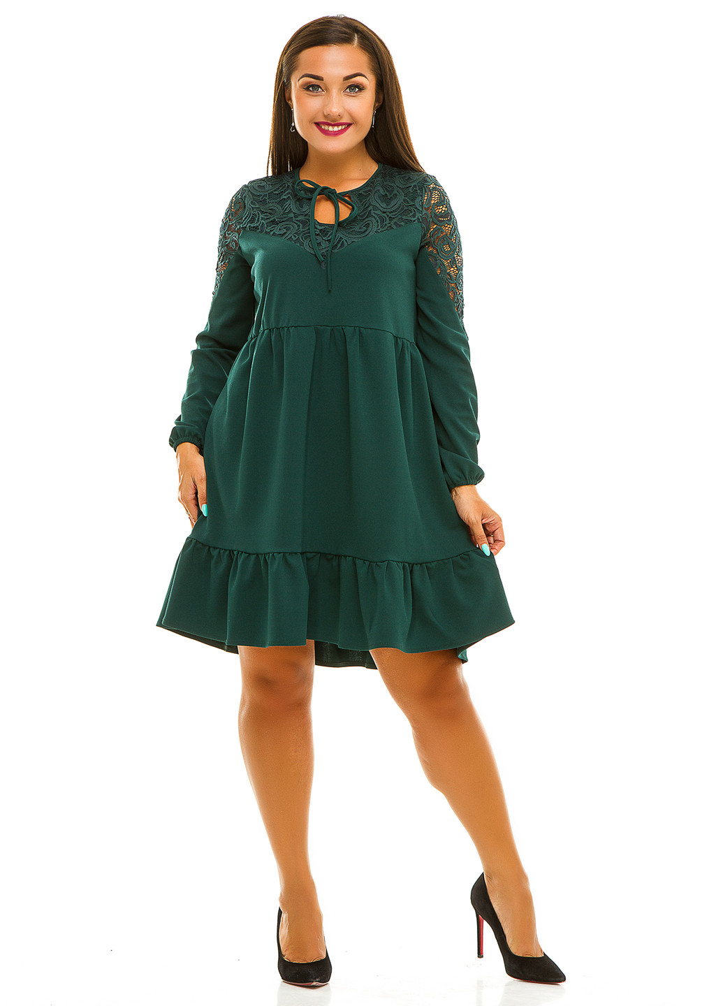 Темно-зелена кежуал сукня з довгим рукавом Lady Style