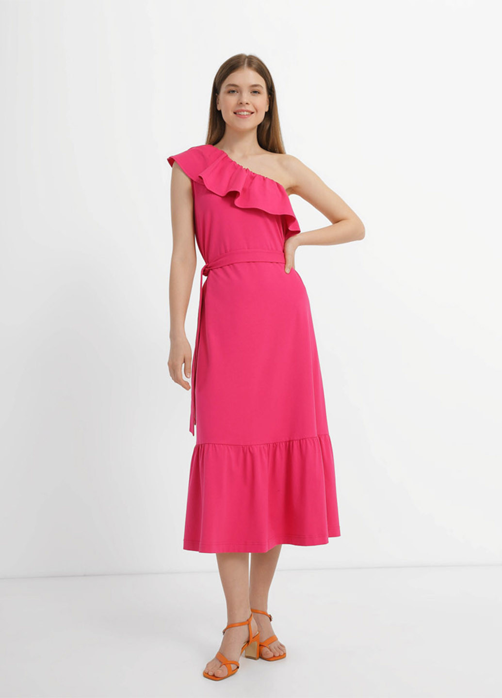 Кислотно-розовое кэжуал платье на одно плечо Promin однотонное