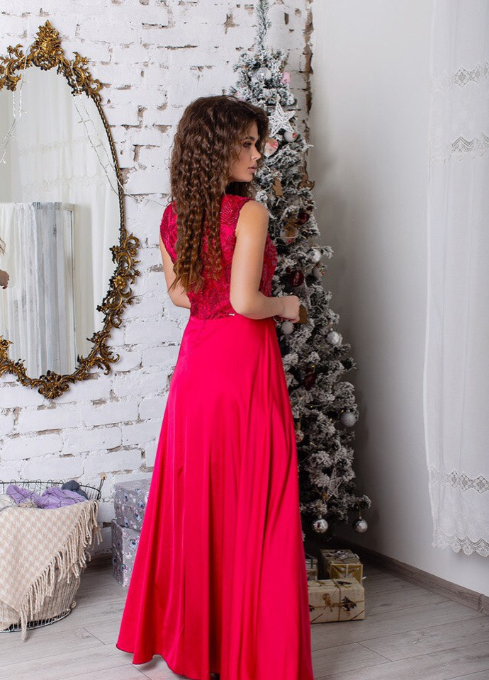 Вишневое вечернее праздничное платье в пол шёлк с юбкой-солнце Marselin с цветочным принтом