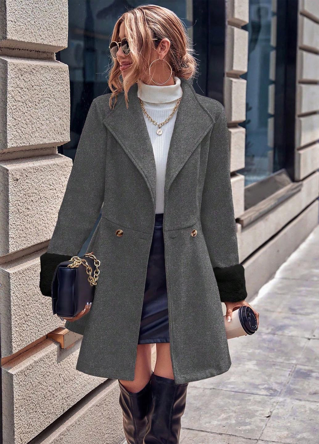 Серое демисезонное Пальто двубортное SHEIN