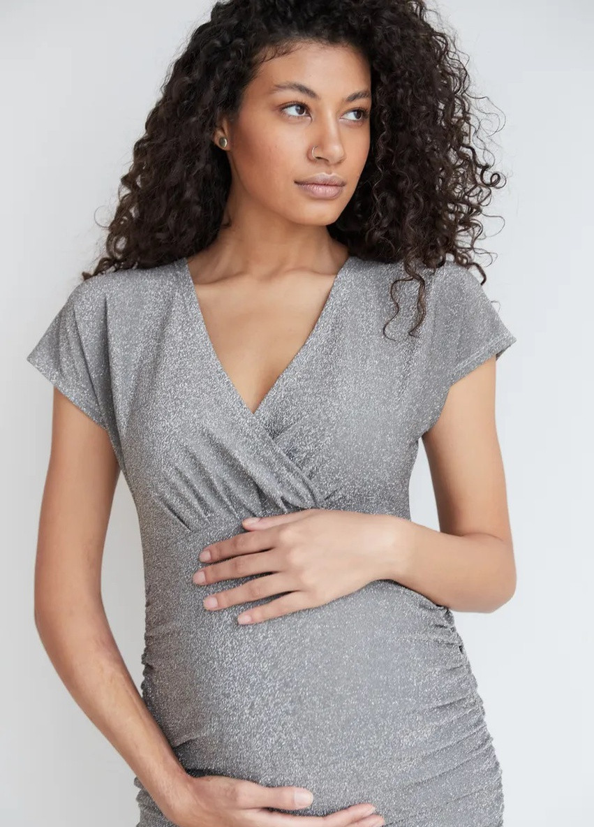 Серебряное вечернее нарядное праздничное платье для беременных и кормящих мам серебряное To Be однотонное