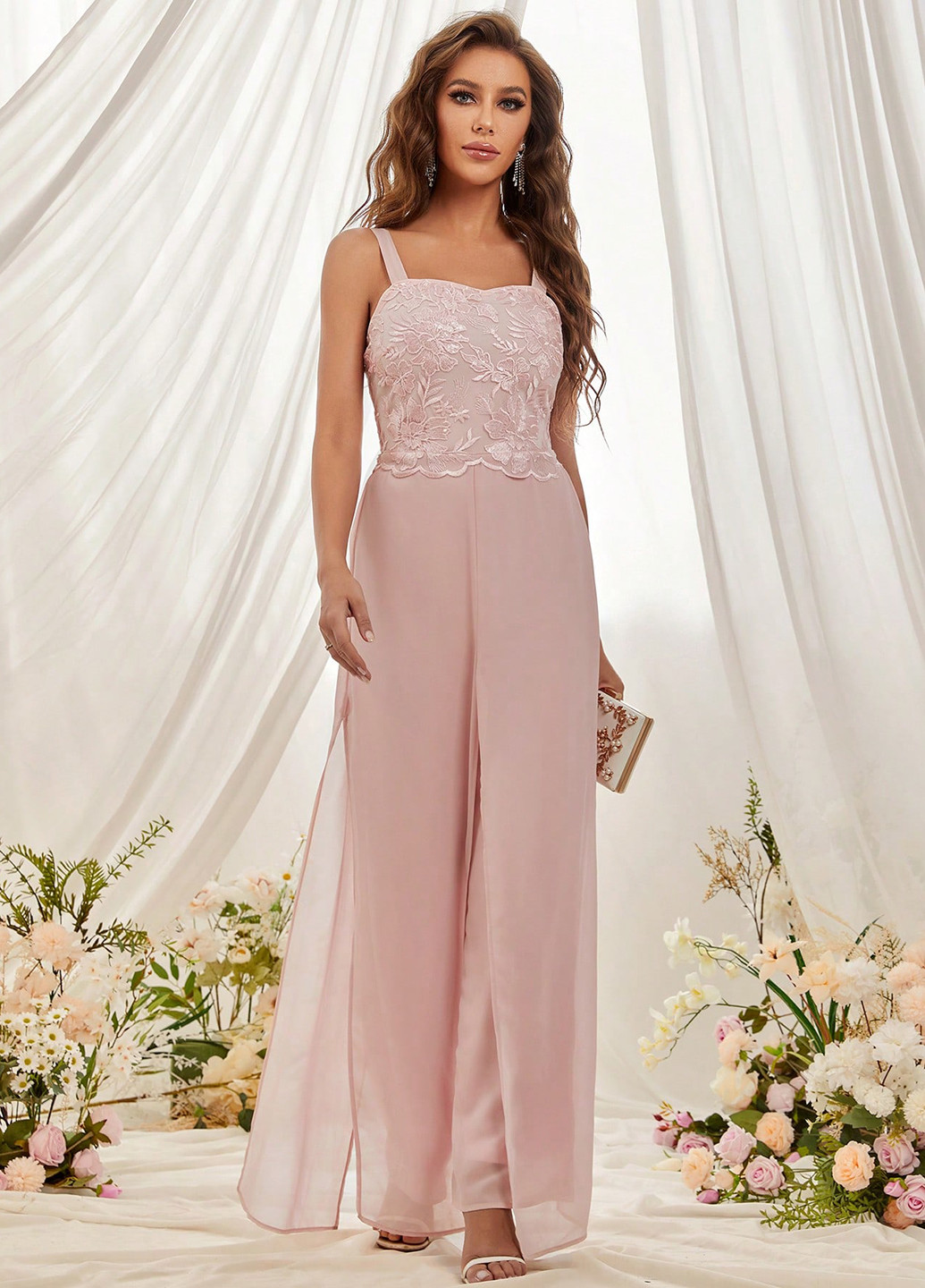 Комбінезон SHEIN комбінезон-брюки однотонний рожевий вечірній поліестер