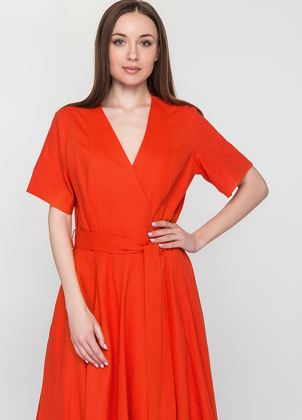 Светло-красное кэжуал платье с юбкой-солнце, на запах O`zona milano однотонное