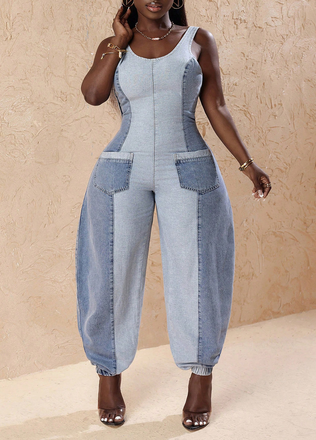 Комбинезон SHEIN комбинезон-брюки колор блок комбинированный денил хлопок, джинс