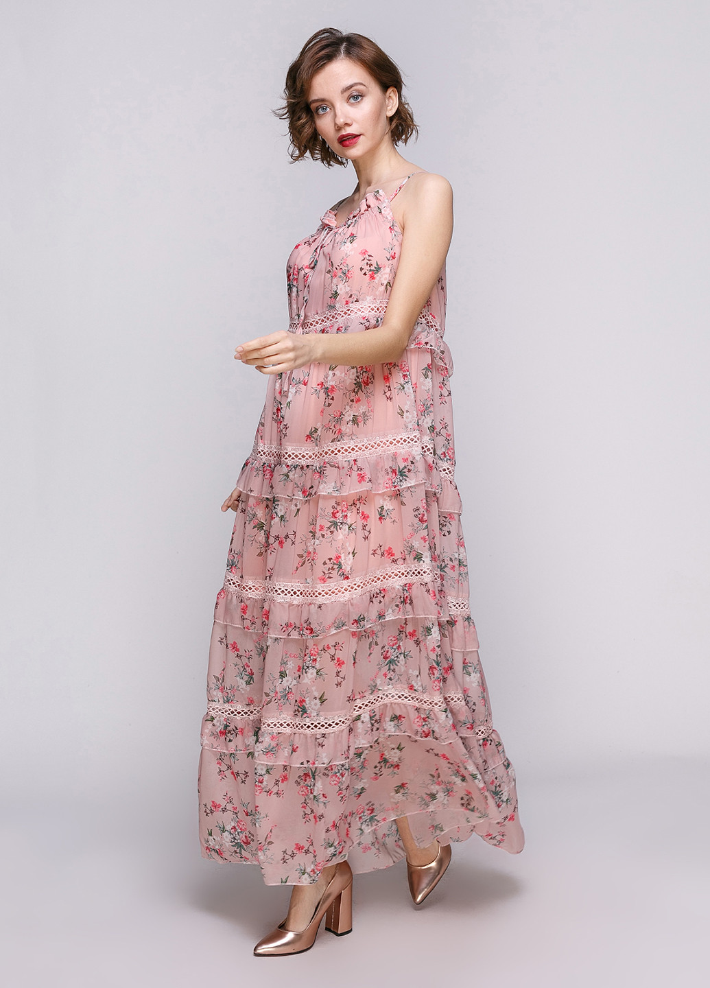 Пудровое вечернее платье с открытой спиной Babylon с цветочным принтом