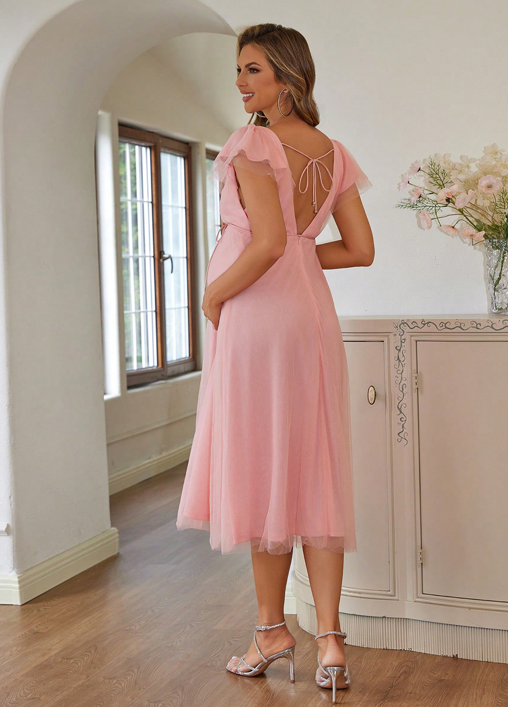 Світло-рожева вечірня сукня для вагітних з спідницею-сонце, в стилі армпір, з відкритою спиною SHEIN однотонна