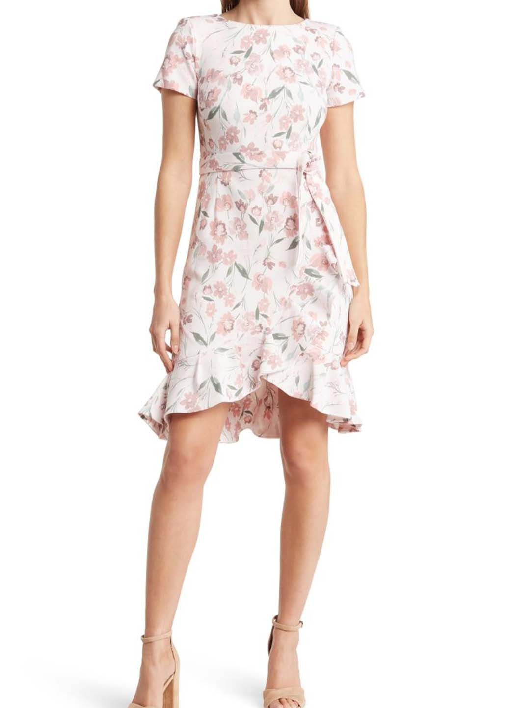 Светло-розовое кэжуал платье клеш Calvin Klein с цветочным принтом