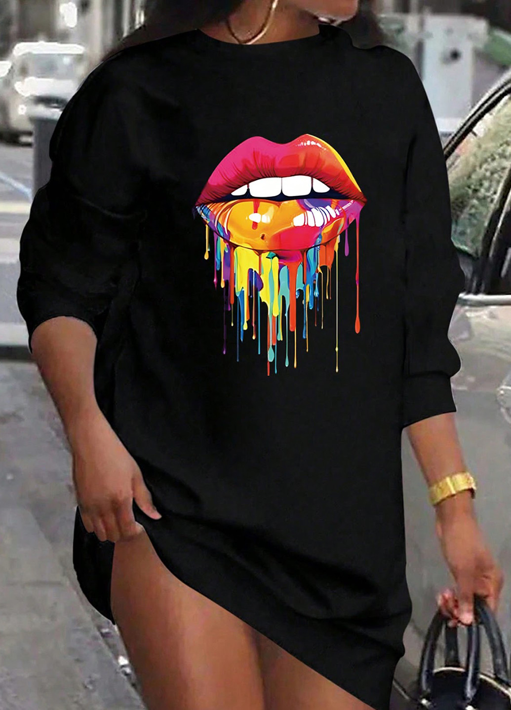 Черное кэжуал платье платье-свитшот, оверсайз SHEIN с рисунком