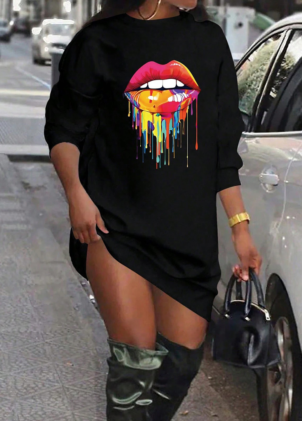 Черное кэжуал платье платье-свитшот, оверсайз SHEIN с рисунком