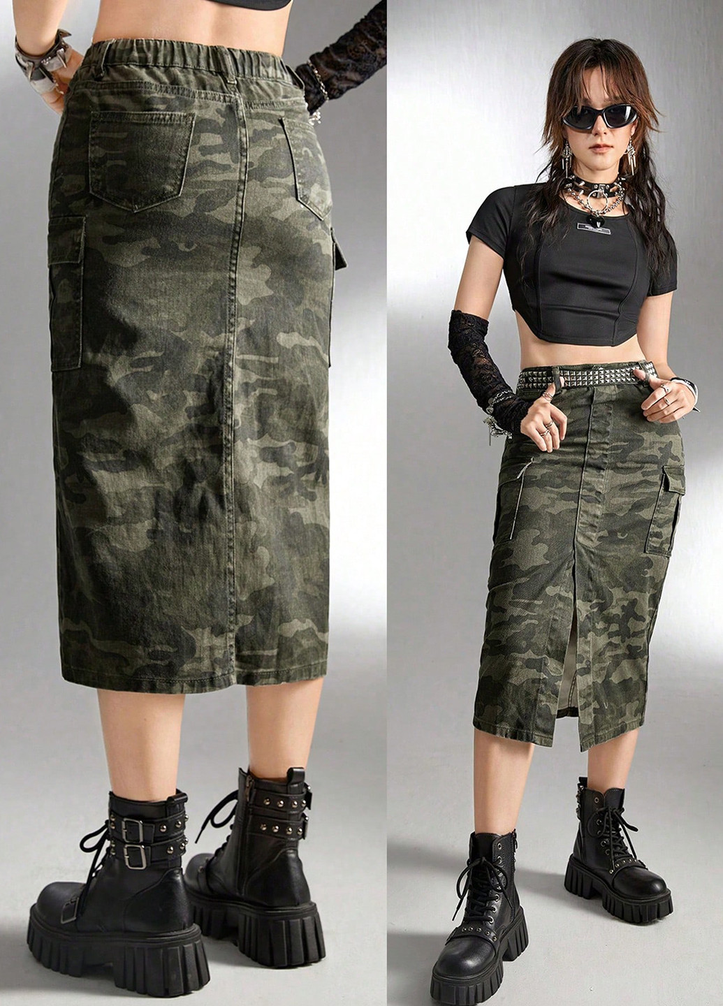 Оливковая (хаки) джинсовая камуфляжная юбка SHEIN карго