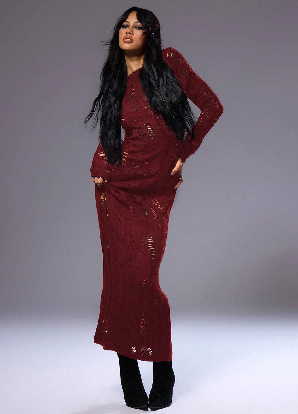 Бордовое кэжуал платье платье-свитер SHEIN однотонное