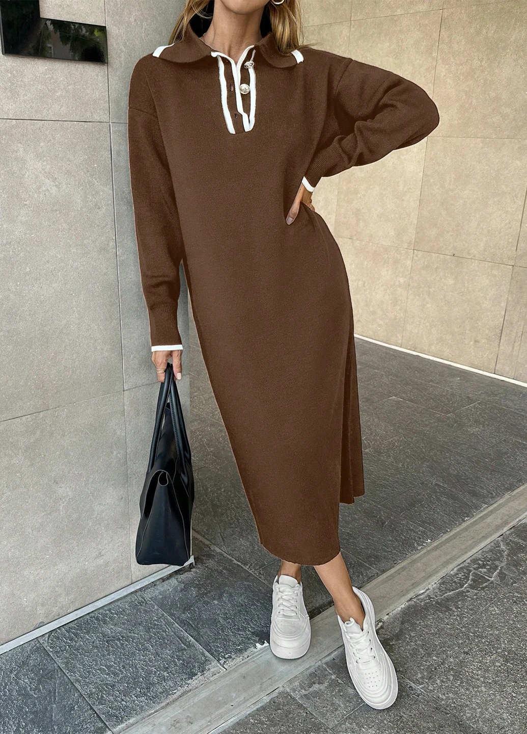 Коричневое кэжуал платье платье-свитер SHEIN колор блок