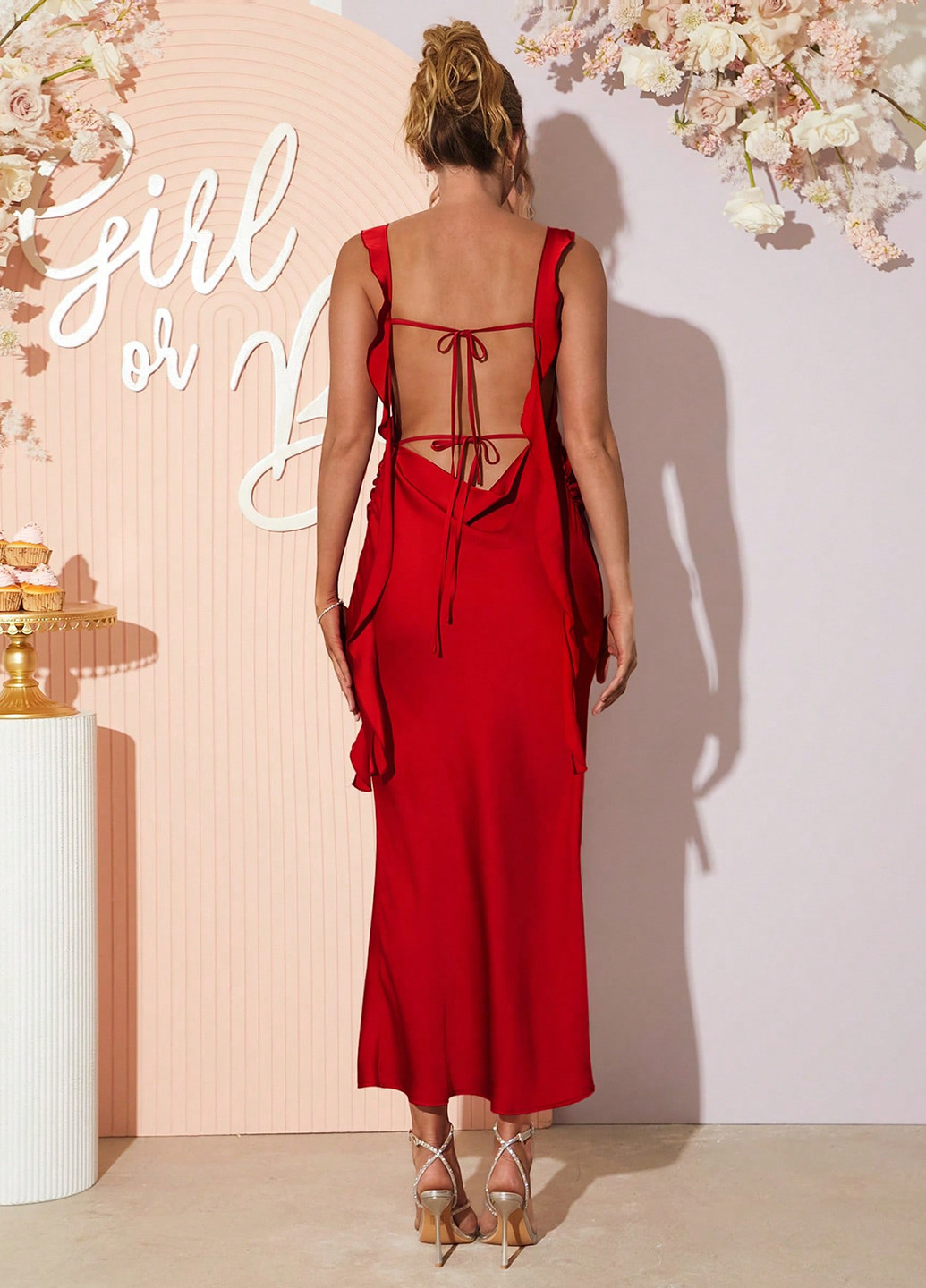 Червона вечірня плаття для вагітних силуетна, з відкритою спиною SHEIN однотонна