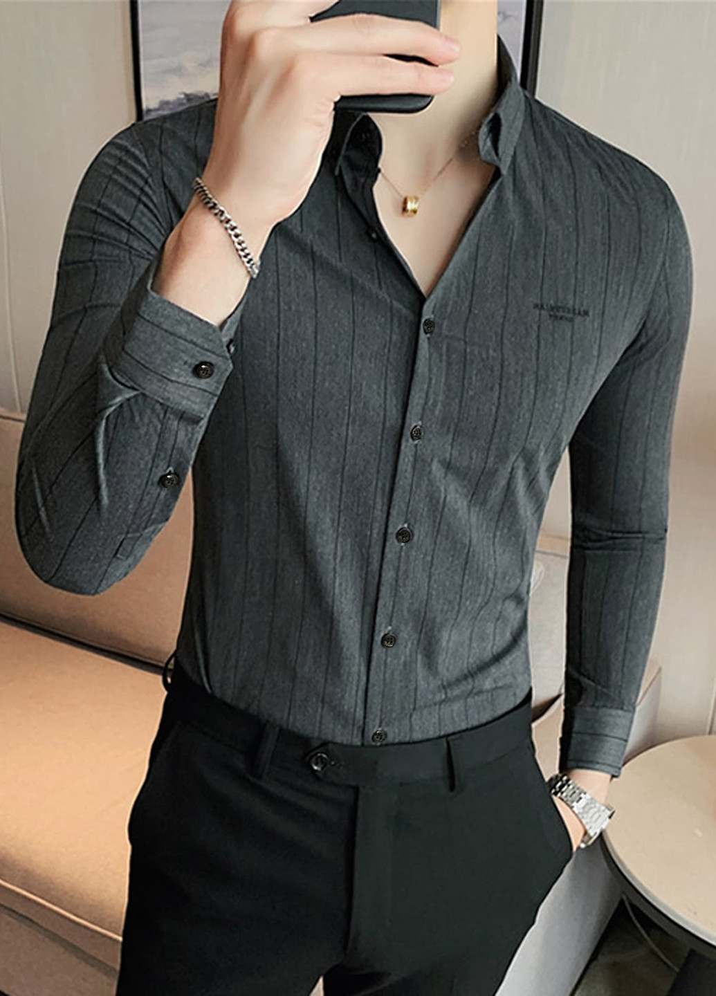 Серая кэжуал, классическая рубашка в полоску SHEIN