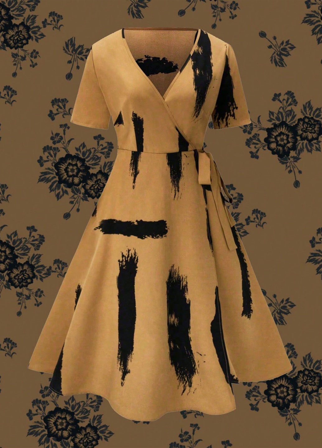 Горчичное кэжуал платье на запах SHEIN с абстрактным узором