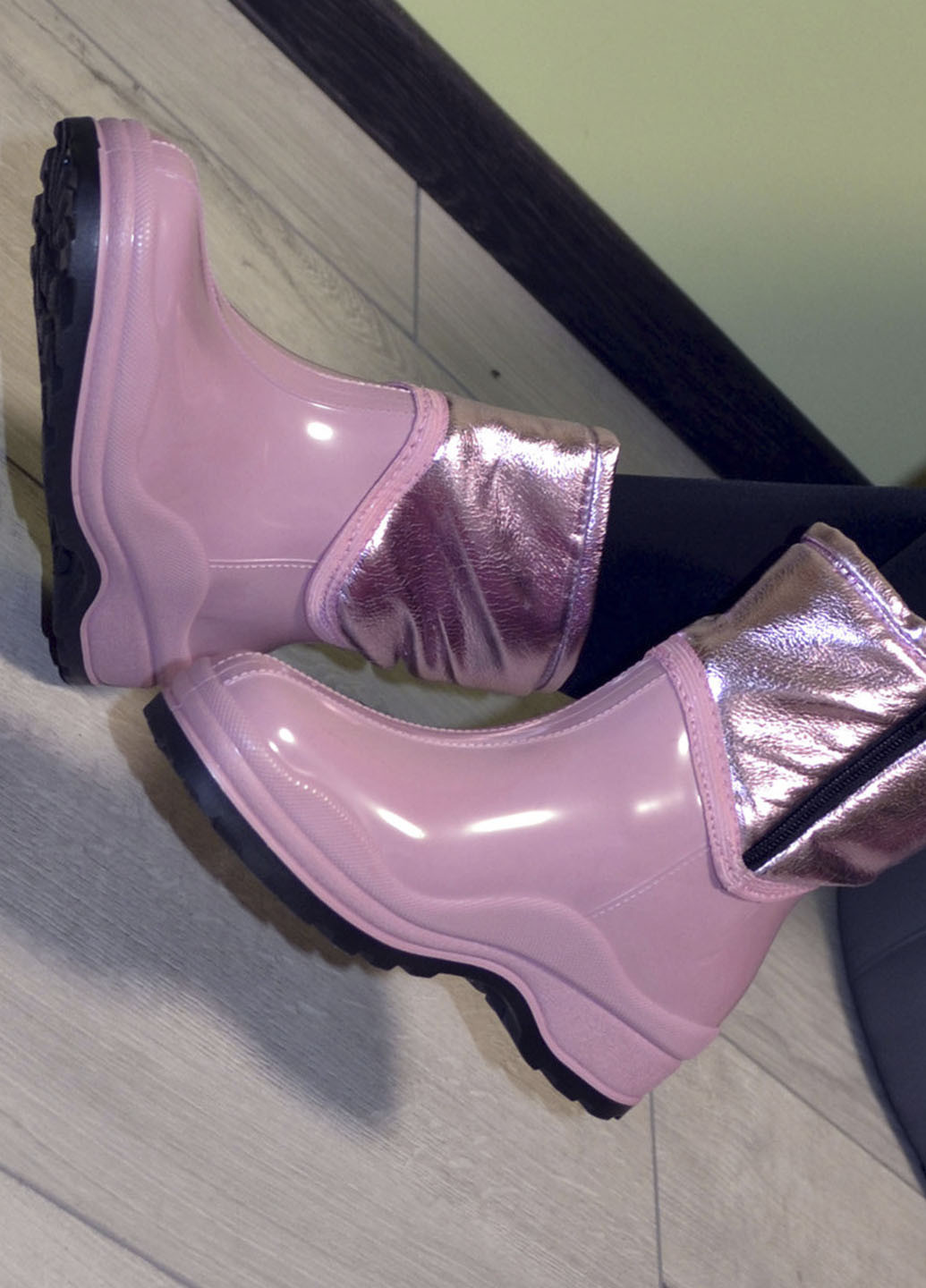 Розовые ботинки полусапожки резиновые непромокаемые утепленные флисом по всей длине розовые женские W-Shoes