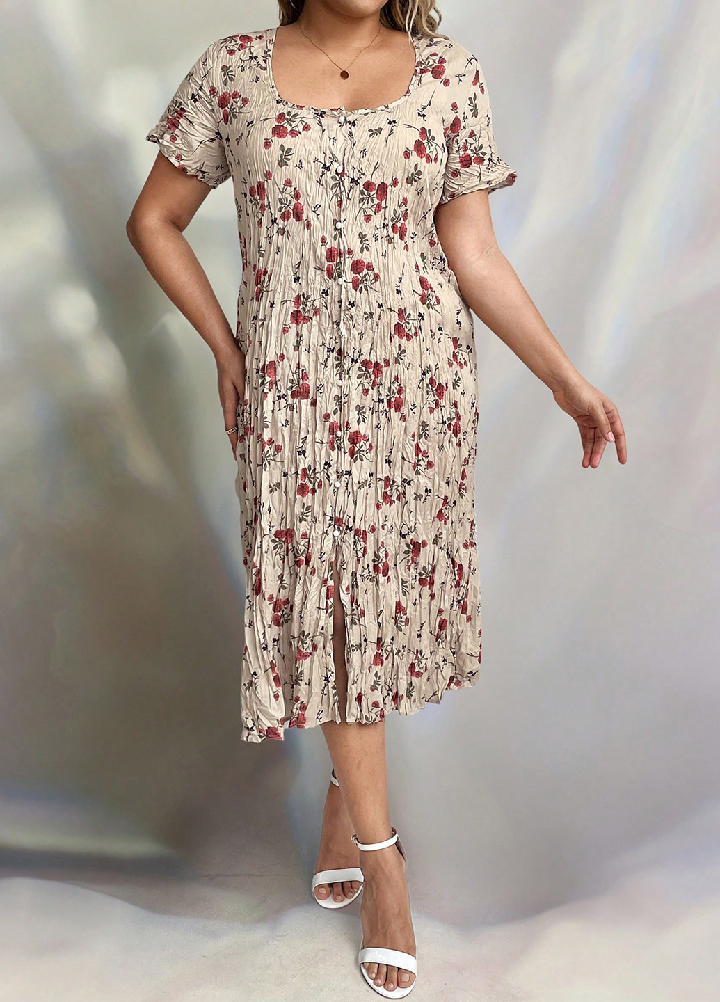 Бежевое кэжуал платье а-силуэт SHEIN с цветочным принтом