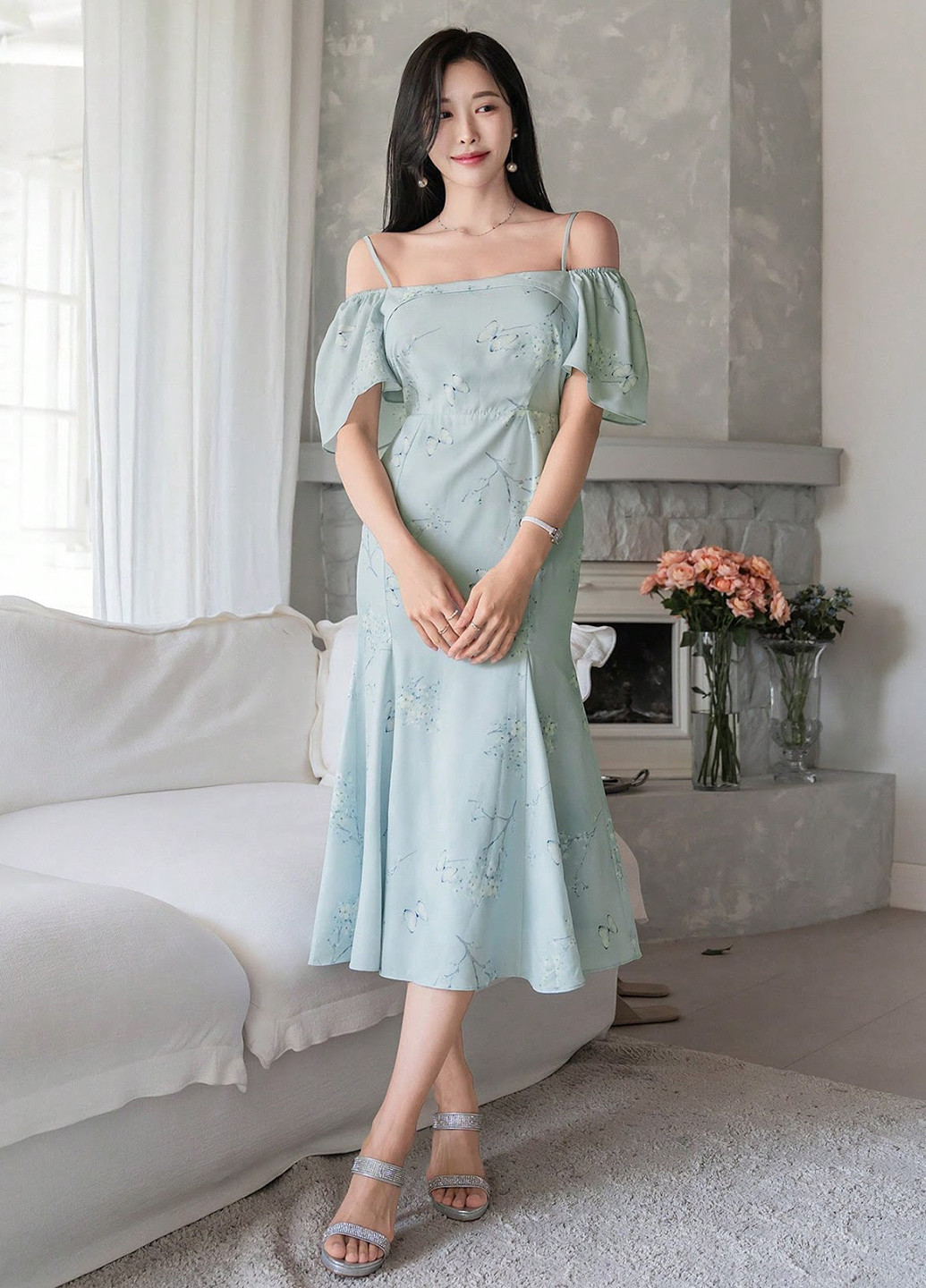 Блакитна кежуал, святковий, коктейльна сукня годе, з відкритими плечима SHEIN метелики