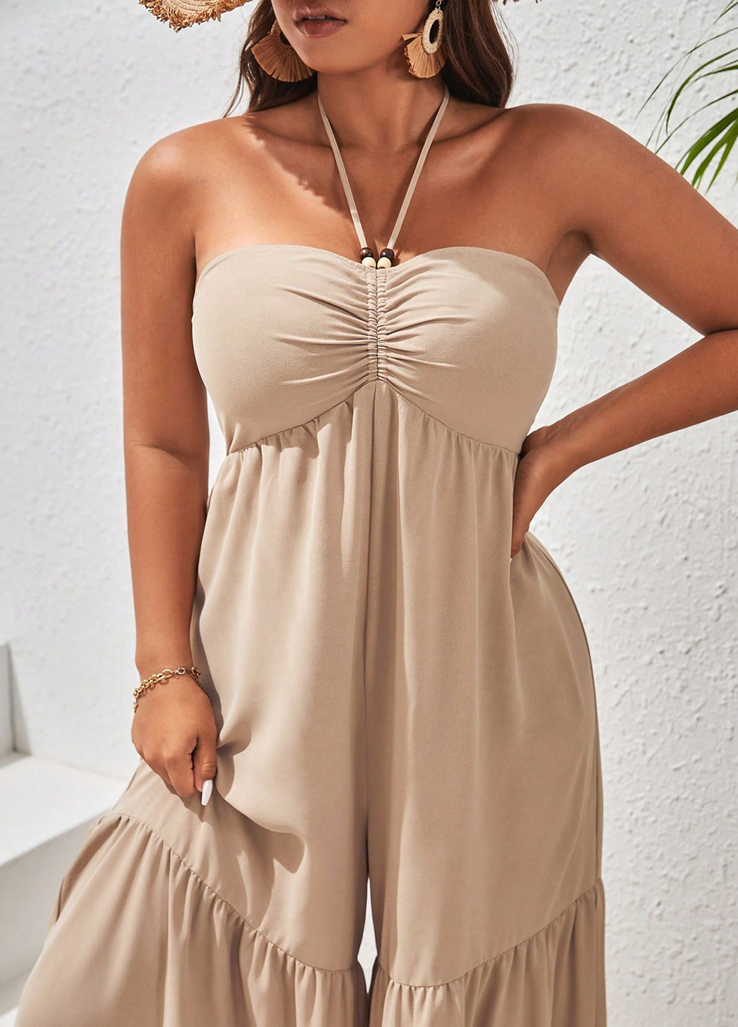 Комбинезон SHEIN комбинезон-брюки однотонный светло-бежевый кэжуал полиэстер