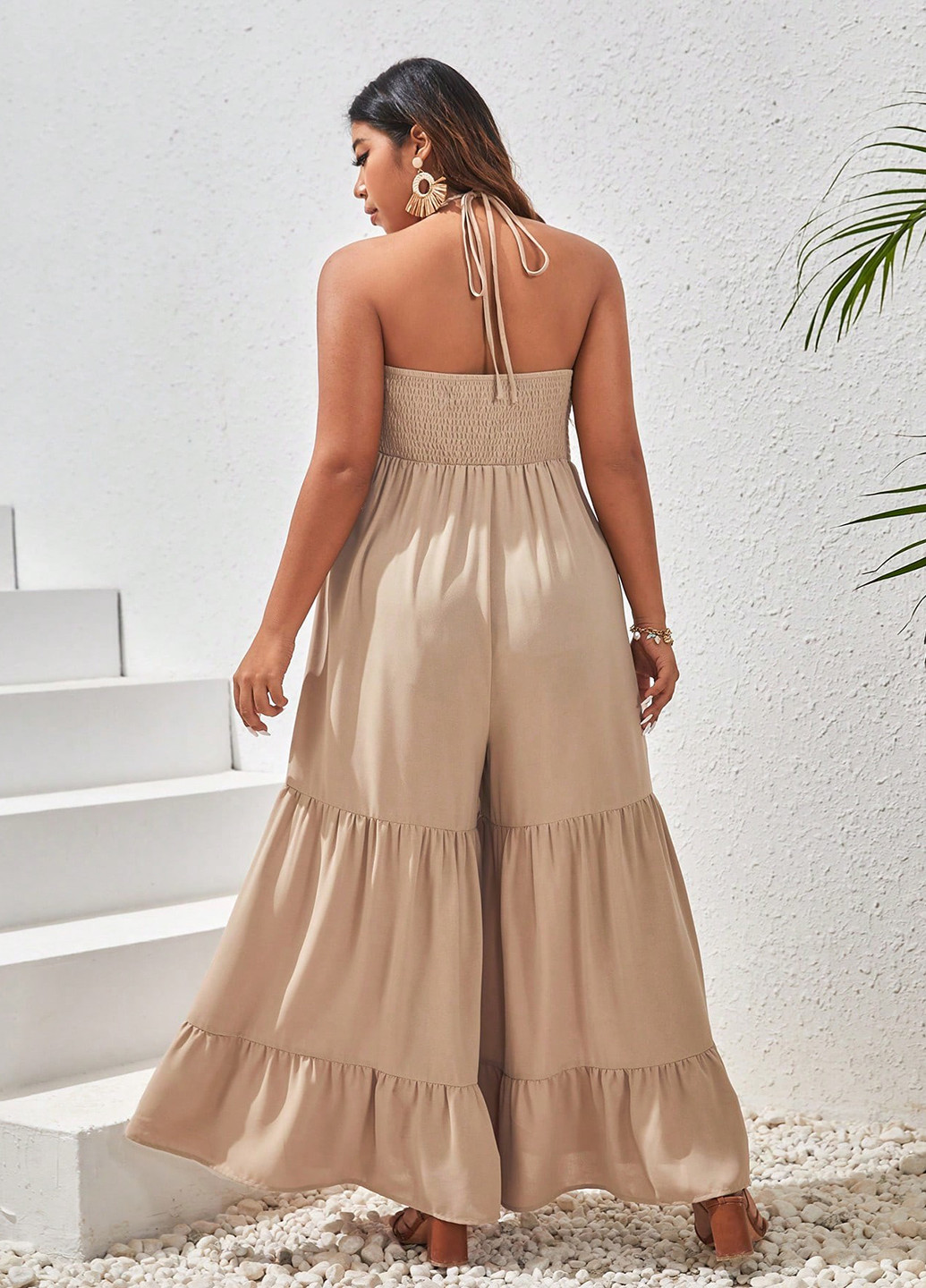 Комбинезон SHEIN комбинезон-брюки однотонный светло-бежевый кэжуал полиэстер