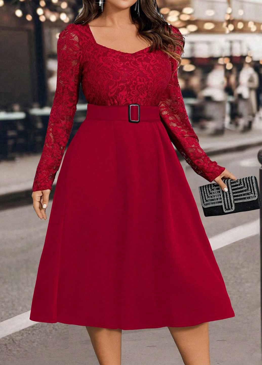 Красное кэжуал платье клеш SHEIN однотонное