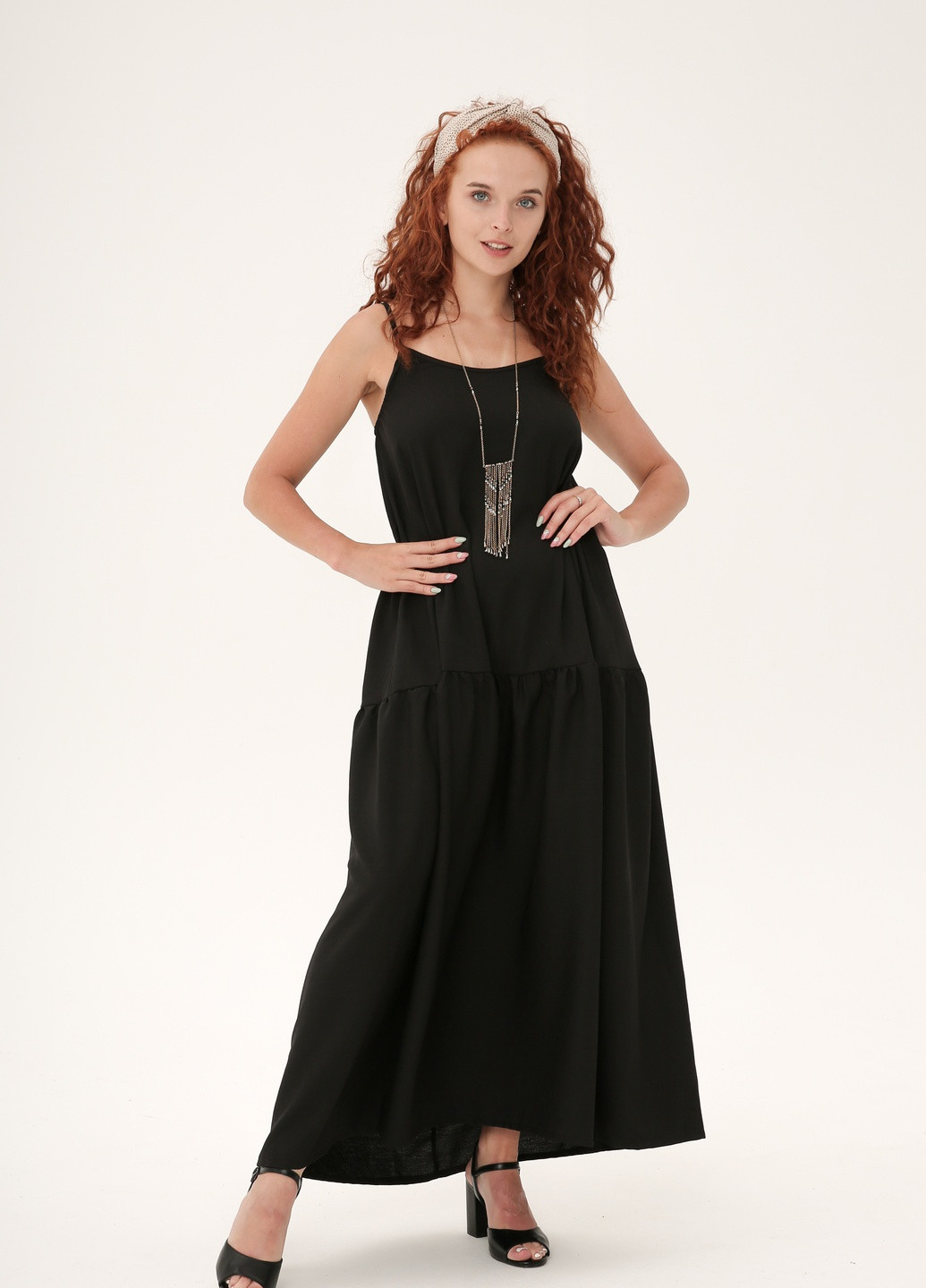 Черное кэжуал стильный черный длинный сарафан INNOE однотонное