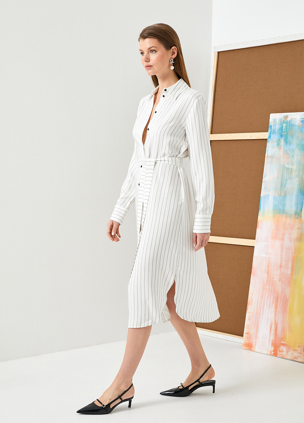 Белое кэжуал платье рубашка KOTON в полоску