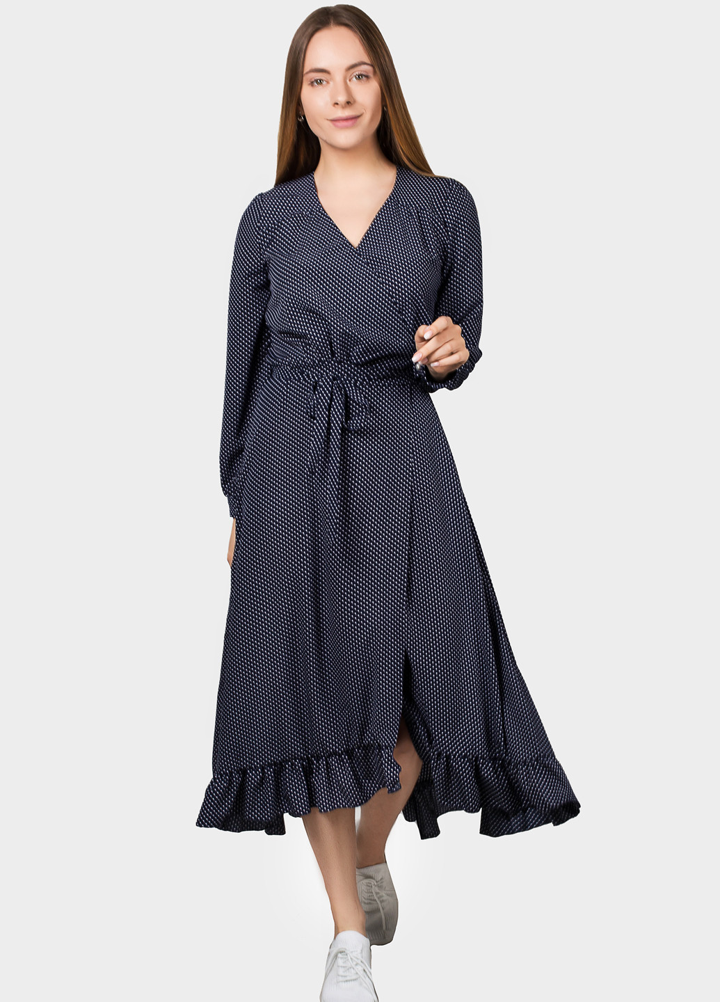 Темно-синее кэжуал платье на запах O`zona milano в горошек