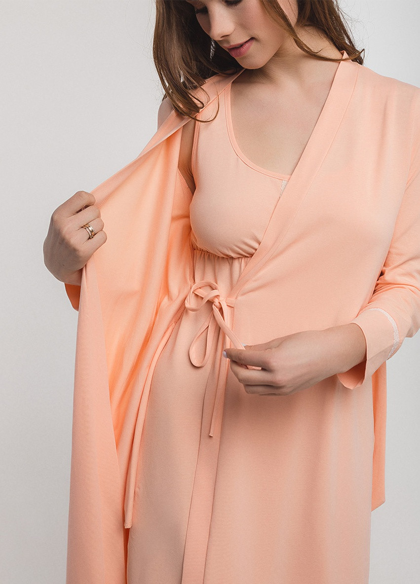Нежный персиковый халат для беременных и кормящих мам с поясом хлопковый Мамин Дом (252531766)