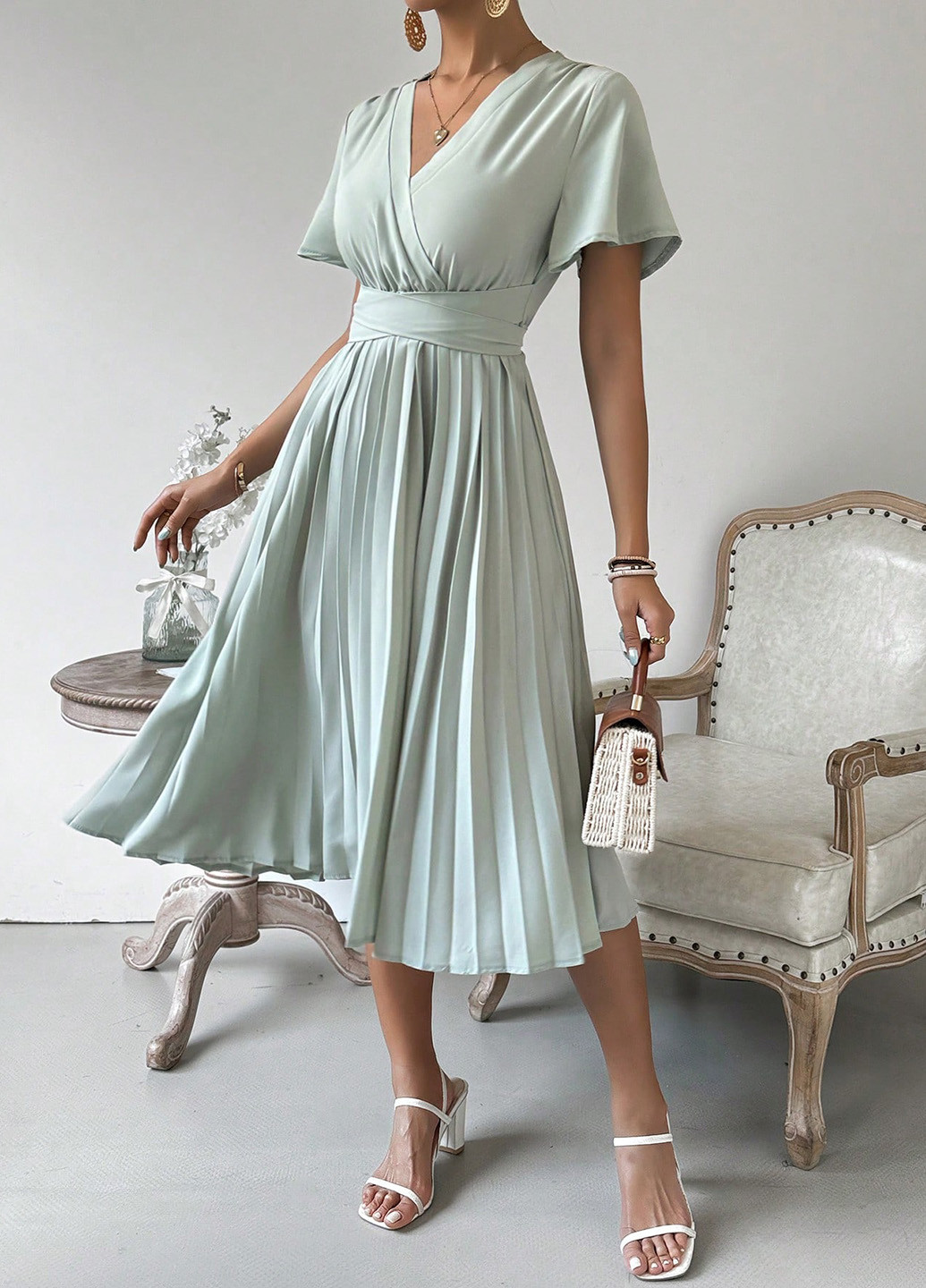 Зелена кежуал сукня плісована SHEIN однотонна