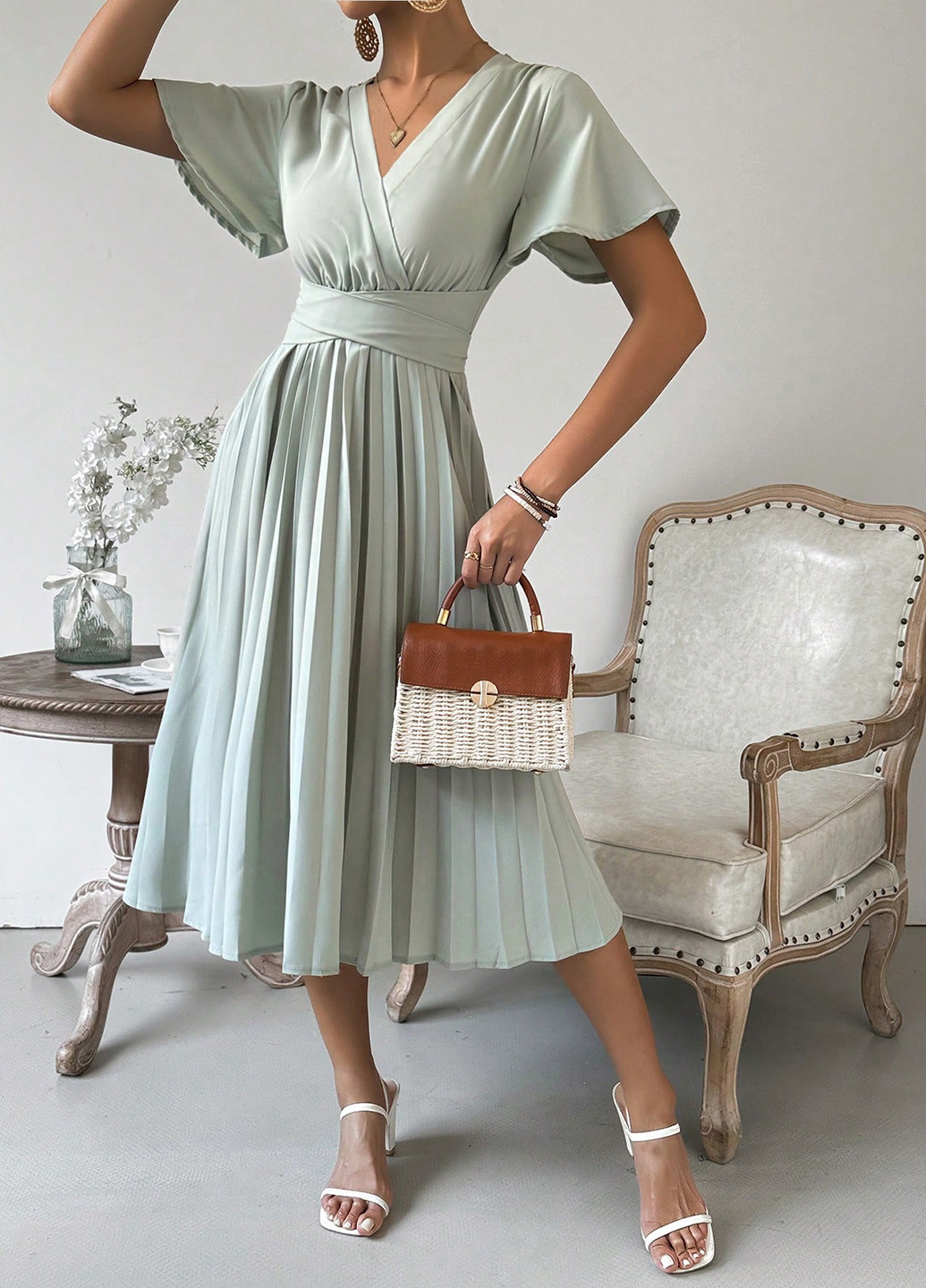 Зелена кежуал сукня плісована SHEIN однотонна