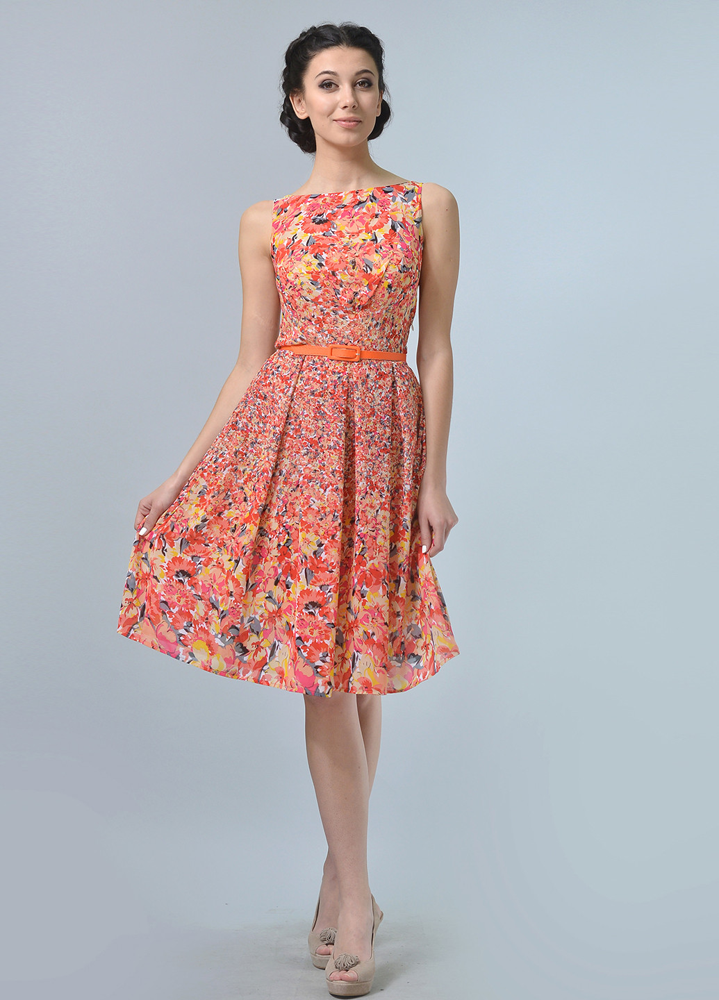 Коралова кежуал плаття, сукня кльош Lila Kass з абстрактним візерунком