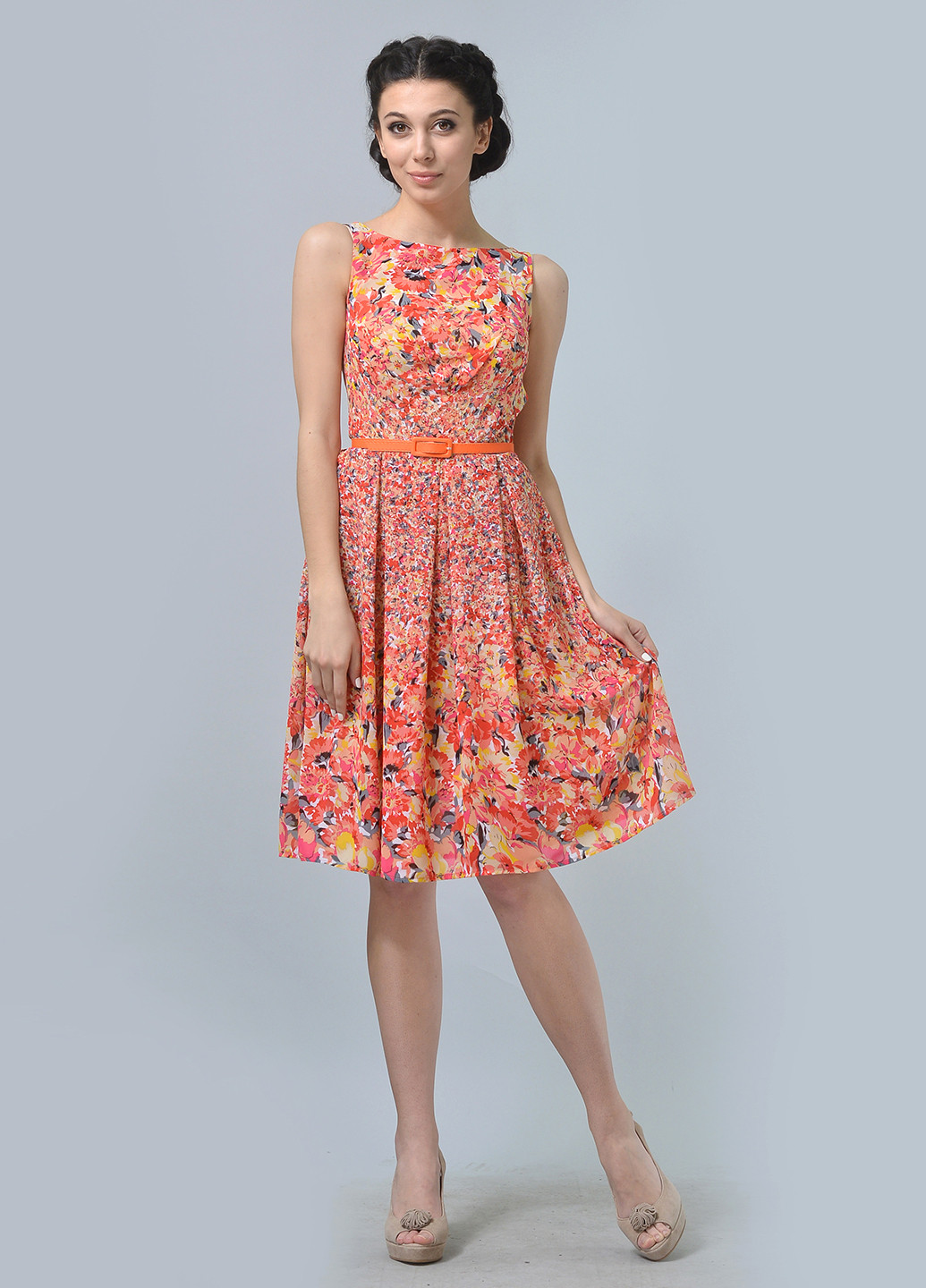 Коралова кежуал плаття, сукня кльош Lila Kass з абстрактним візерунком