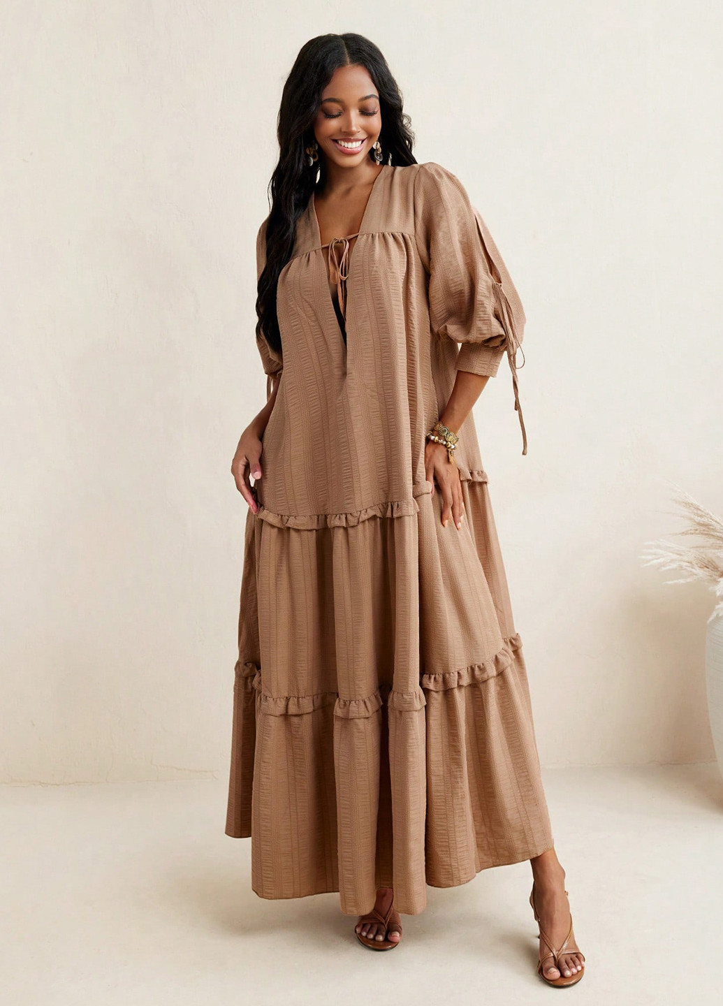 Кофейное кэжуал платье оверсайз SHEIN однотонное