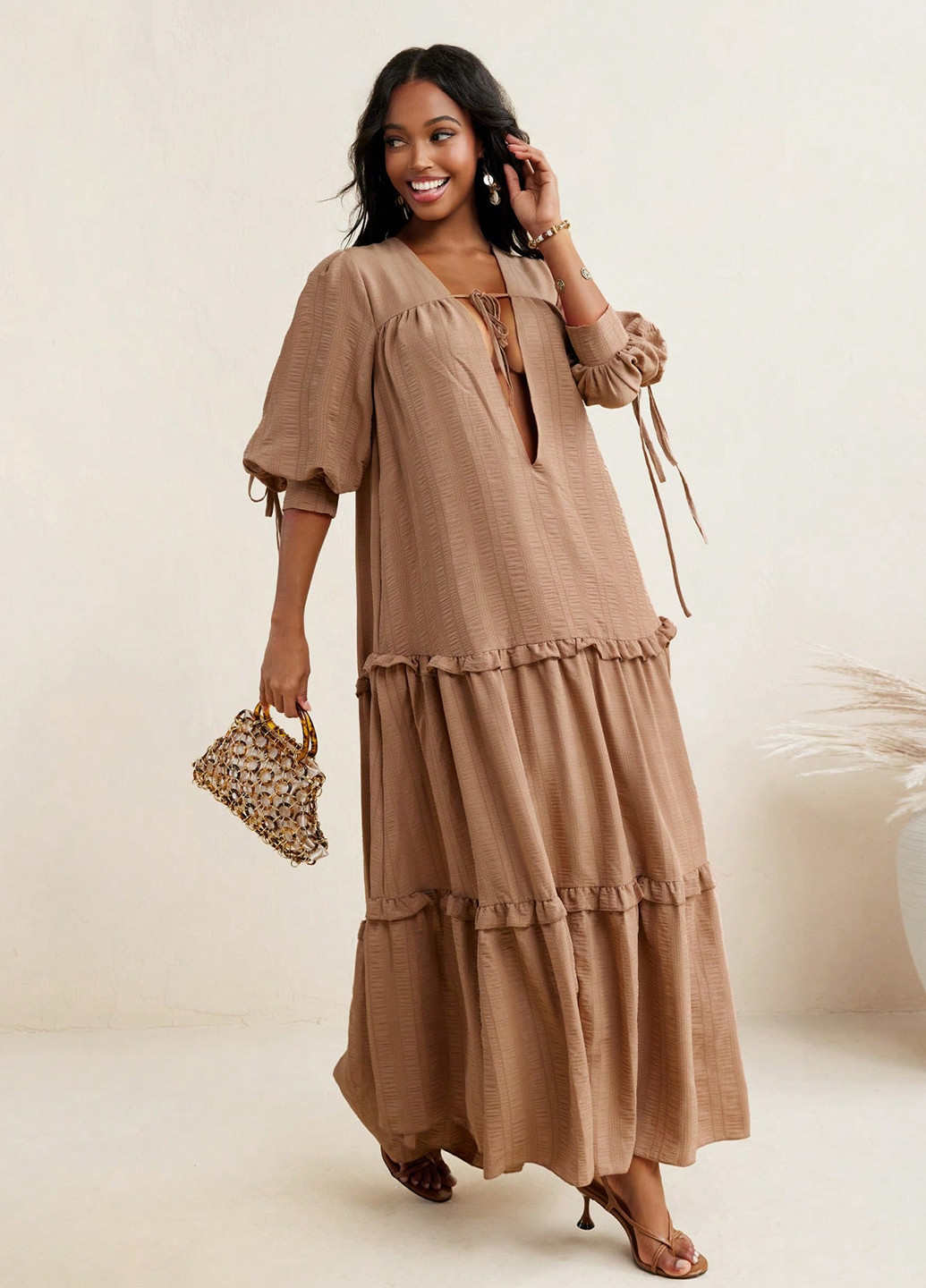 Кофейное кэжуал платье оверсайз SHEIN однотонное
