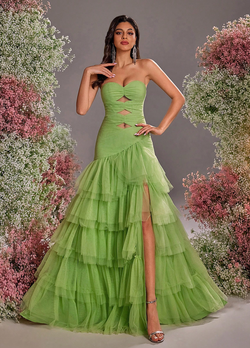 Лайм праздничный, вечернее платье клеш, с открытыми плечами, с открытой спиной, бандо SHEIN однотонное