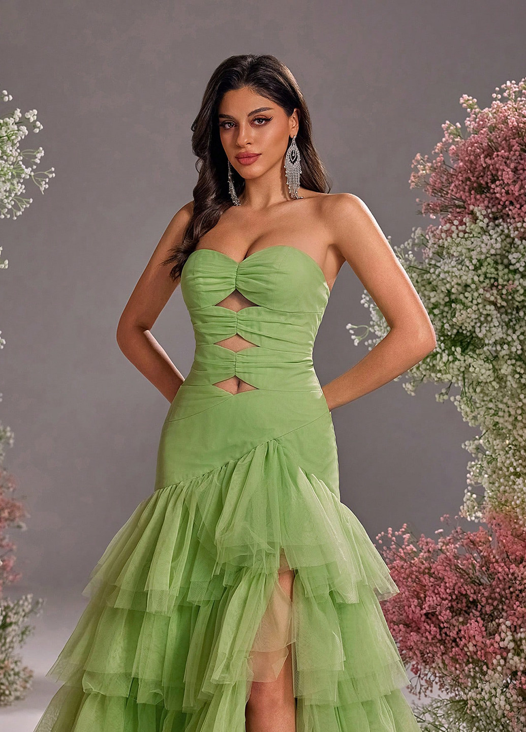 Лайм праздничный, вечернее платье клеш, с открытыми плечами, с открытой спиной, бандо SHEIN однотонное