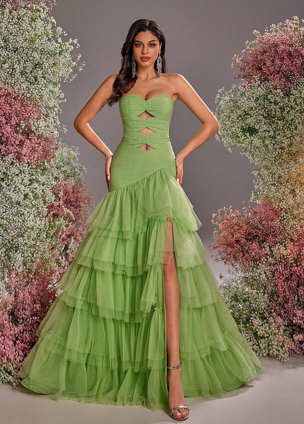 Лайм праздничный, вечернее платье клеш, с открытыми плечами, с открытой спиной, бандо SHEIN однотонное