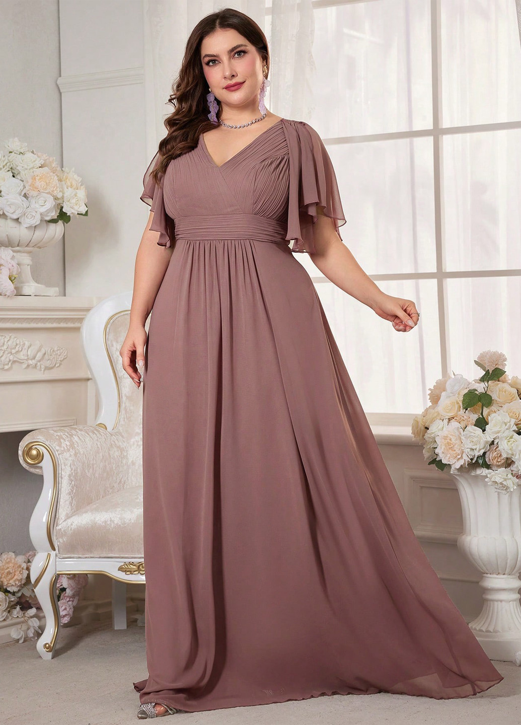 Розово-коричневое вечернее, праздничный платье в стиле ампир SHEIN однотонное