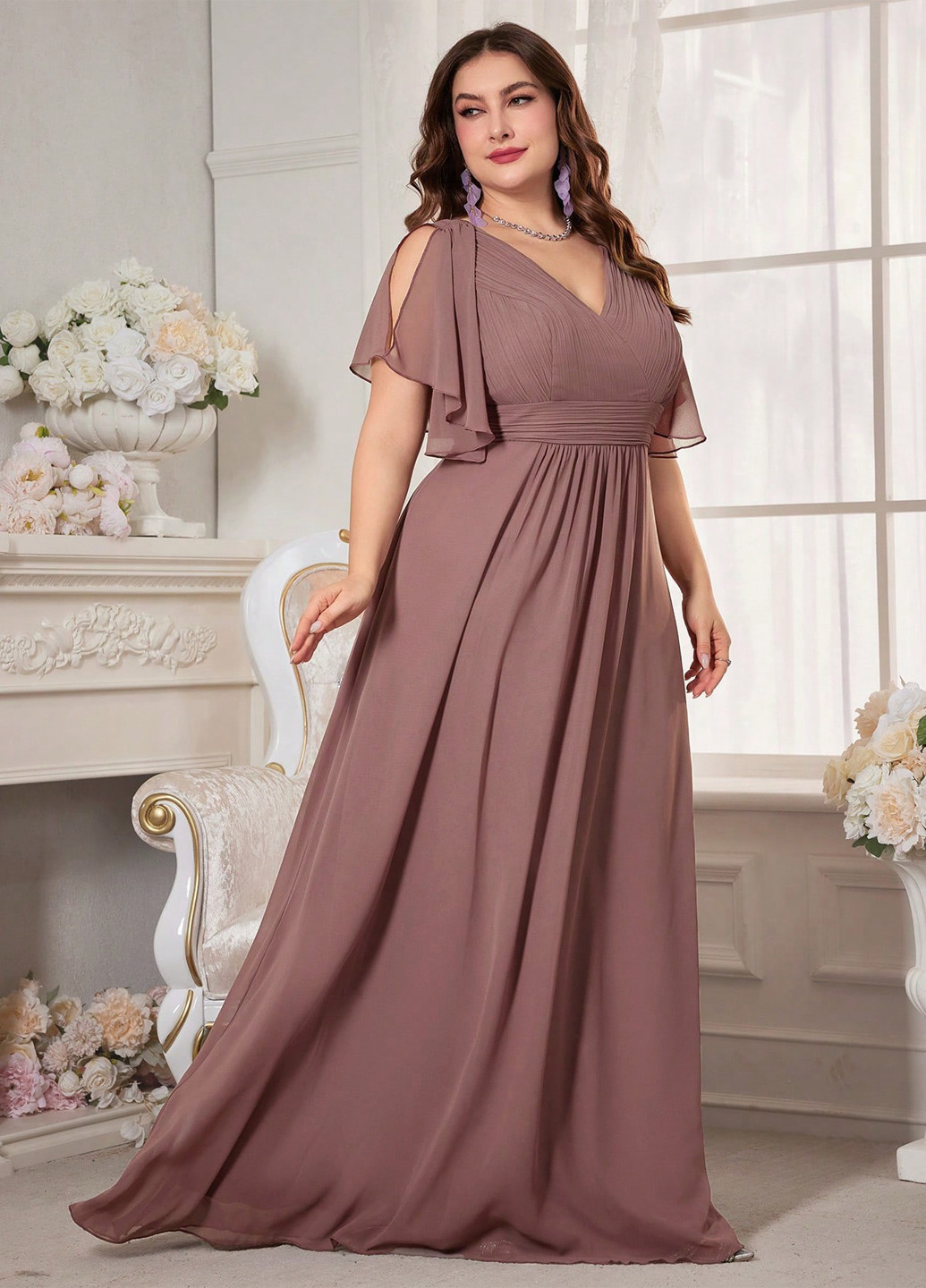 Розово-коричневое вечернее, праздничный платье в стиле ампир SHEIN однотонное