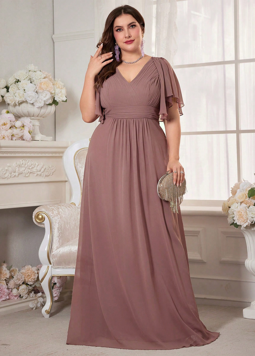 Розово-коричневое вечернее, праздничный платье в стиле ампир SHEIN однотонное